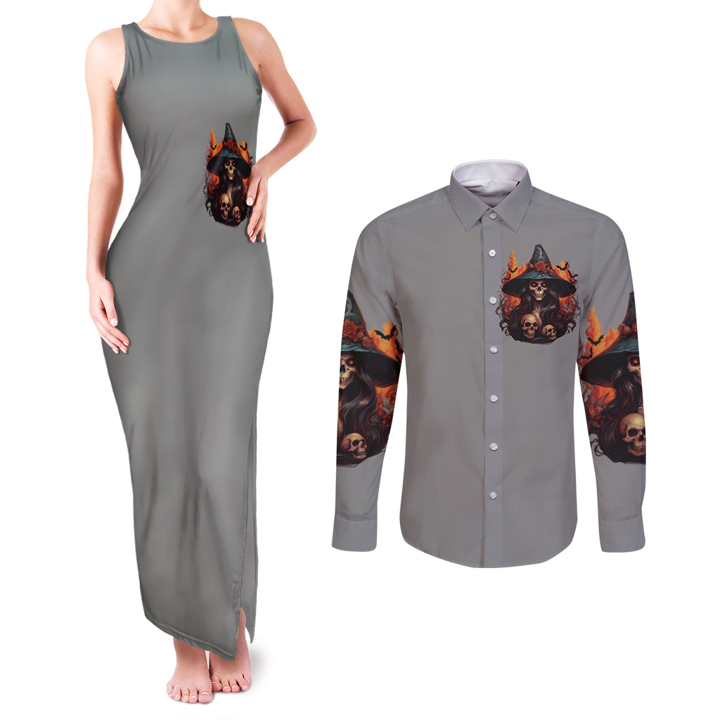 Witch Skull Couples Matching Tank Maxi Dress and Long Sleeve Button Shirt A Wee Bit Wicked - Wonder Print Shop