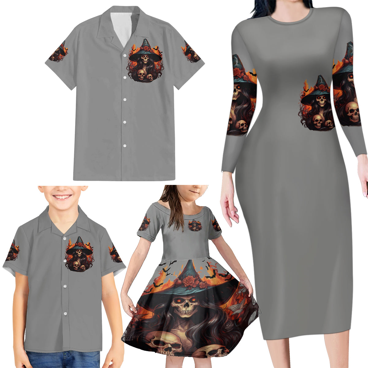 Witch Skull Family Matching Long Sleeve Bodycon Dress and Hawaiian Shirt A Wee Bit Wicked - Wonder Print Shop