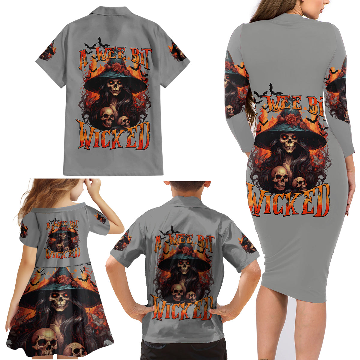 Witch Skull Family Matching Long Sleeve Bodycon Dress and Hawaiian Shirt A Wee Bit Wicked - Wonder Print Shop