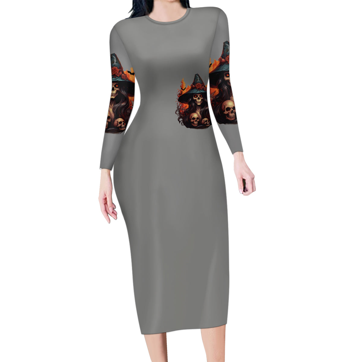 Witch Skull Family Matching Long Sleeve Bodycon Dress and Hawaiian Shirt A Wee Bit Wicked - Wonder Print Shop