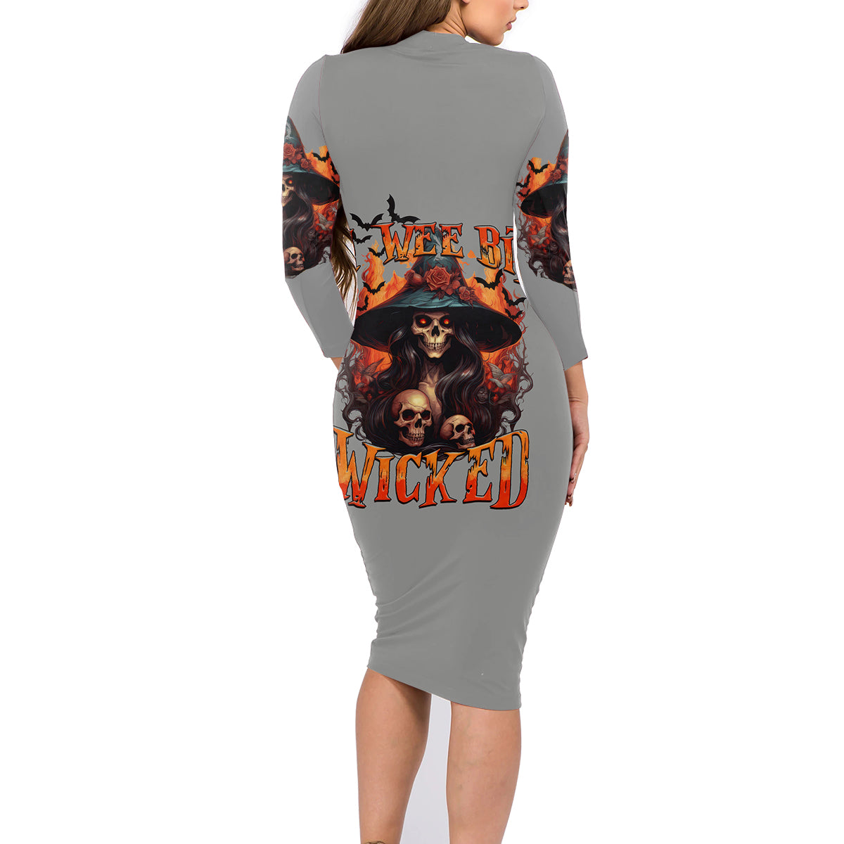 Witch Skull Family Matching Long Sleeve Bodycon Dress and Hawaiian Shirt A Wee Bit Wicked - Wonder Print Shop