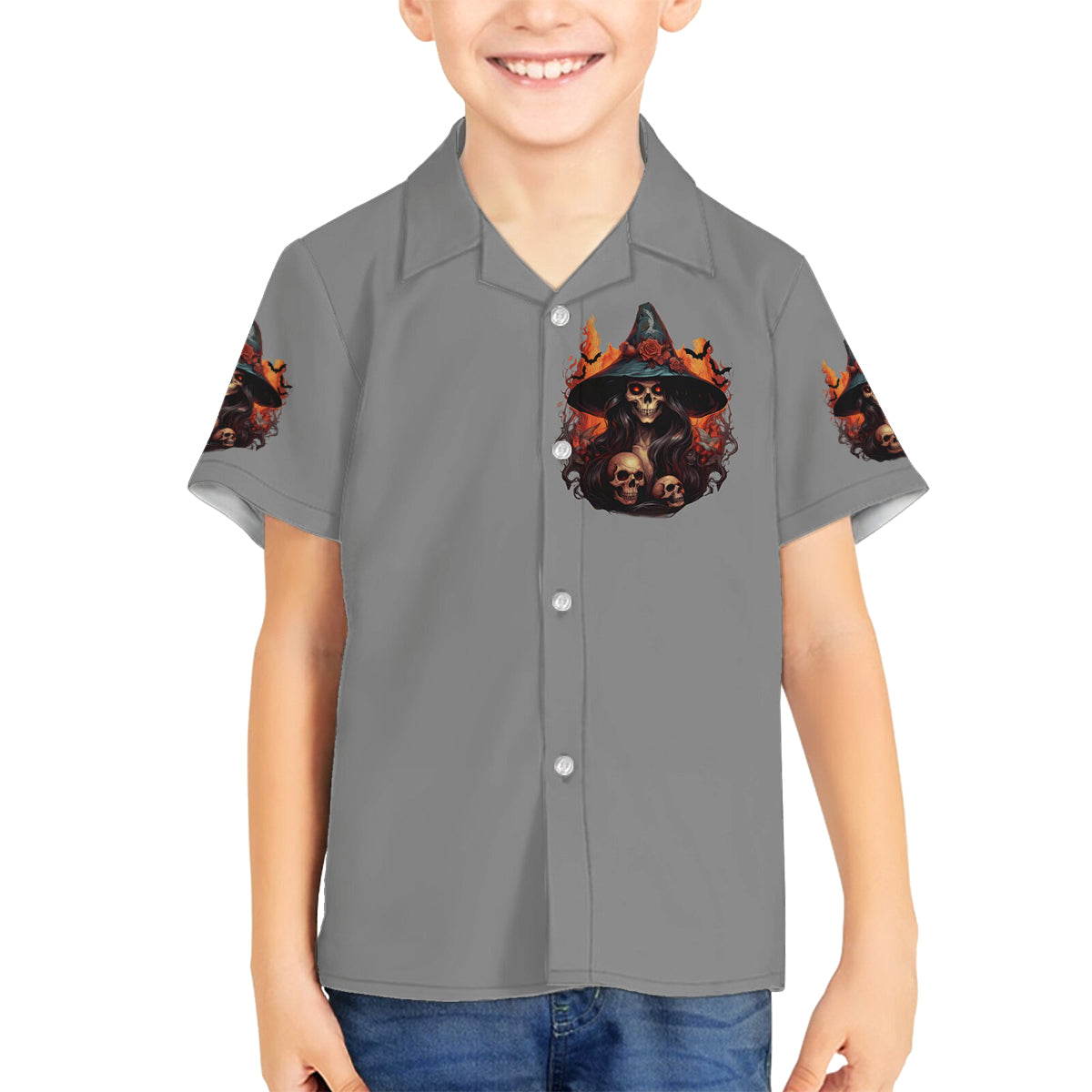 Witch Skull Family Matching Off Shoulder Long Sleeve Dress and Hawaiian Shirt A Wee Bit Wicked - Wonder Print Shop