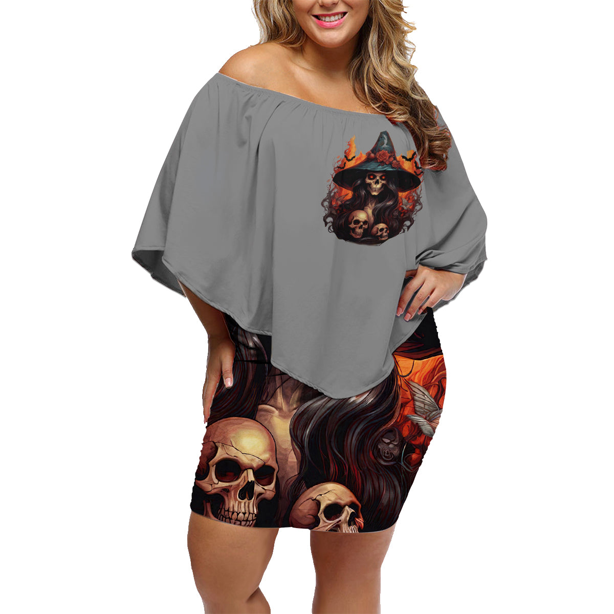 Witch Skull Family Matching Off Shoulder Short Dress and Hawaiian Shirt A Wee Bit Wicked - Wonder Print Shop