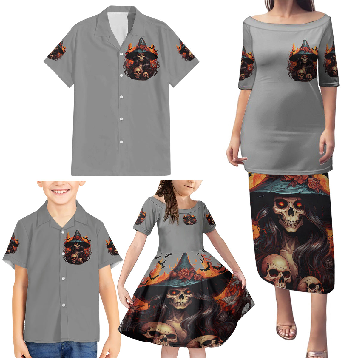 Witch Skull Family Matching Puletasi Dress and Hawaiian Shirt A Wee Bit Wicked - Wonder Print Shop