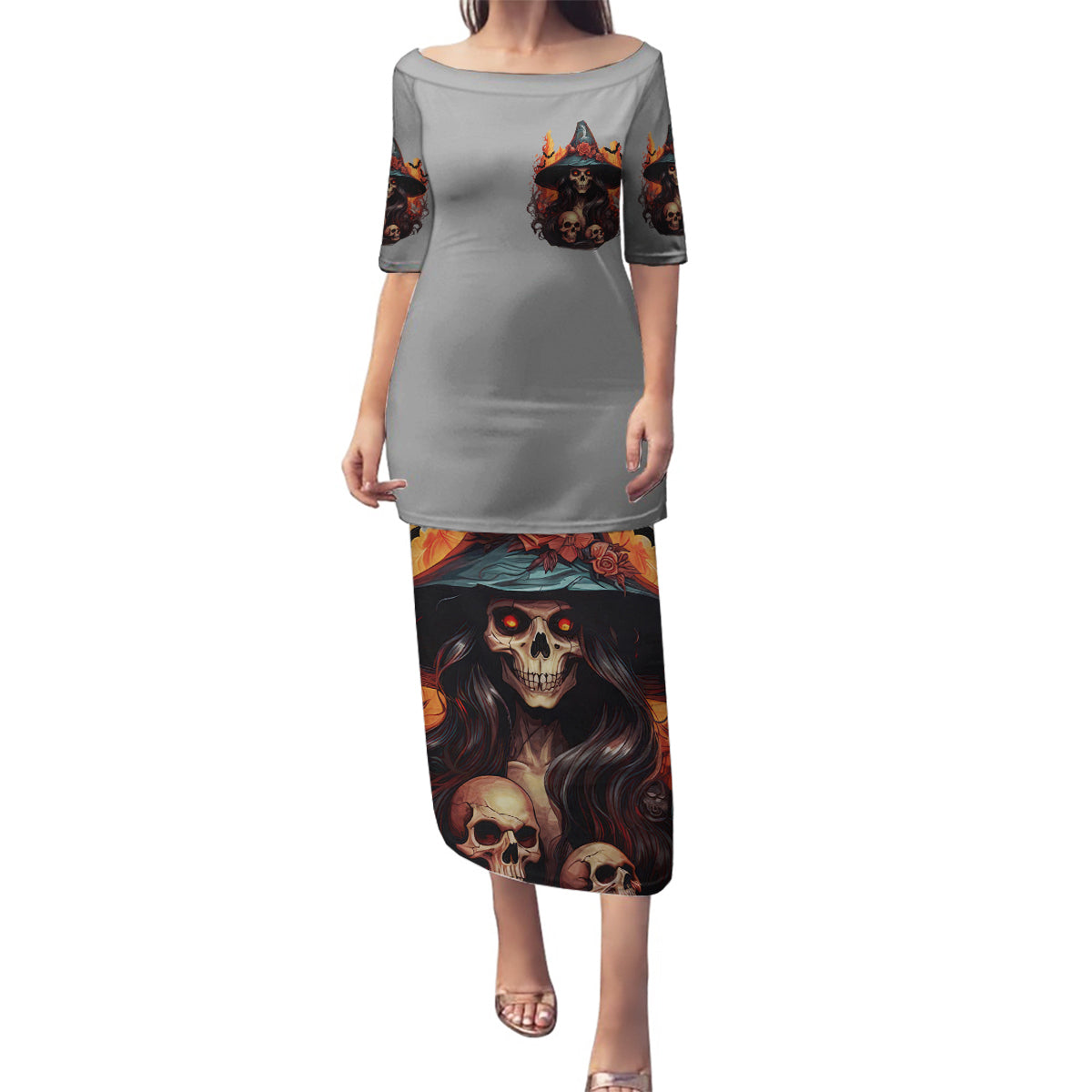 Witch Skull Family Matching Puletasi Dress and Hawaiian Shirt A Wee Bit Wicked - Wonder Print Shop