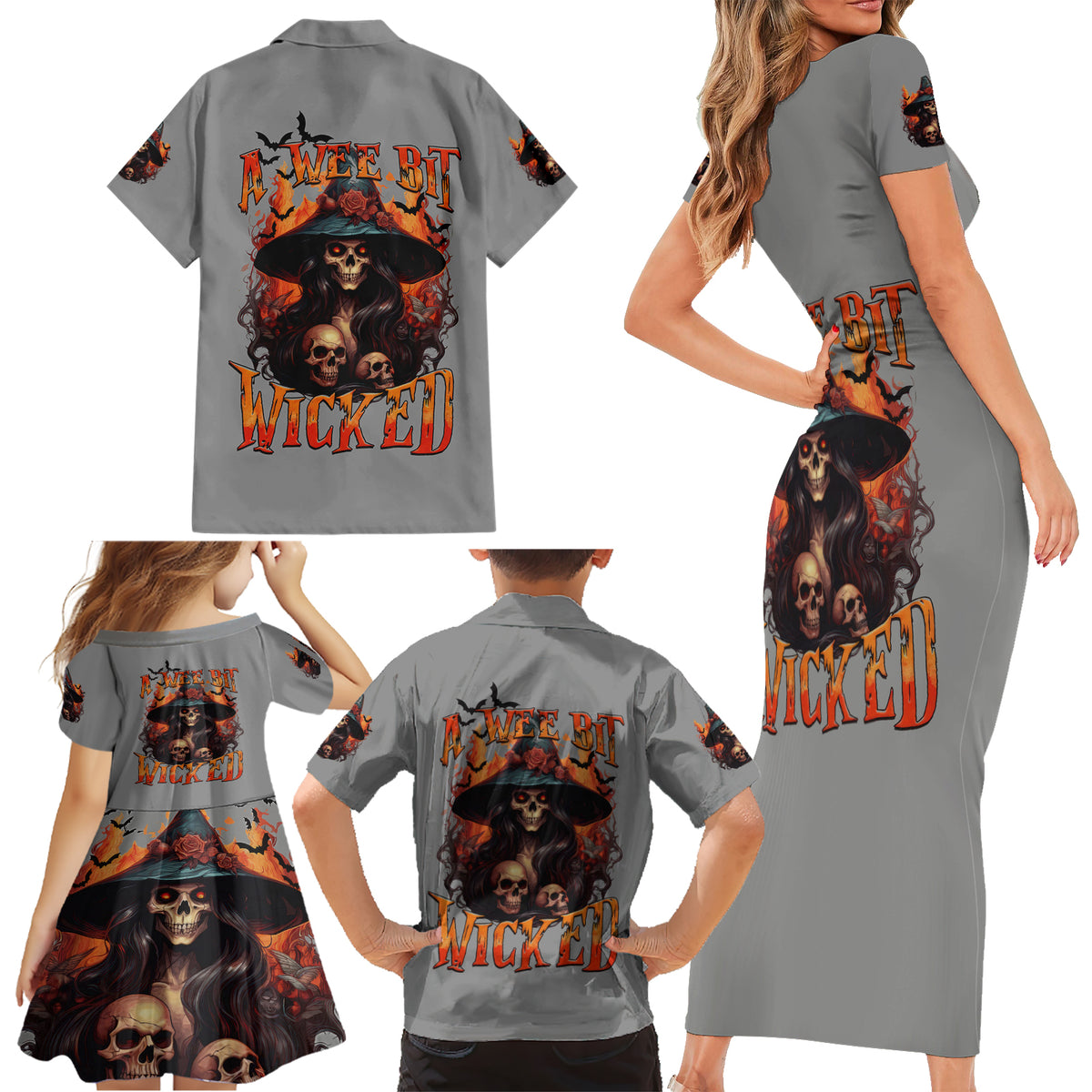 Witch Skull Family Matching Short Sleeve Bodycon Dress and Hawaiian Shirt A Wee Bit Wicked - Wonder Print Shop