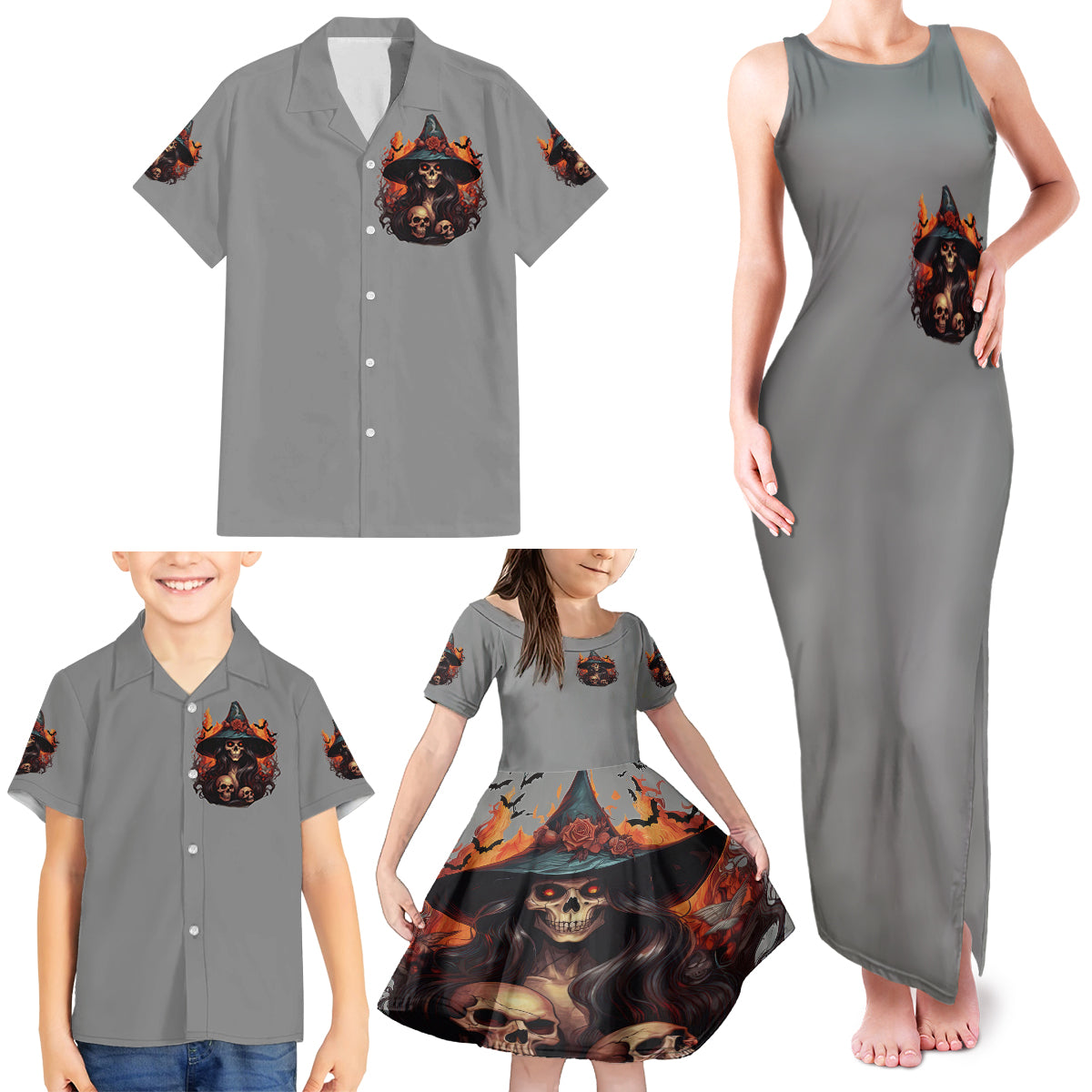 Witch Skull Family Matching Tank Maxi Dress and Hawaiian Shirt A Wee Bit Wicked - Wonder Print Shop