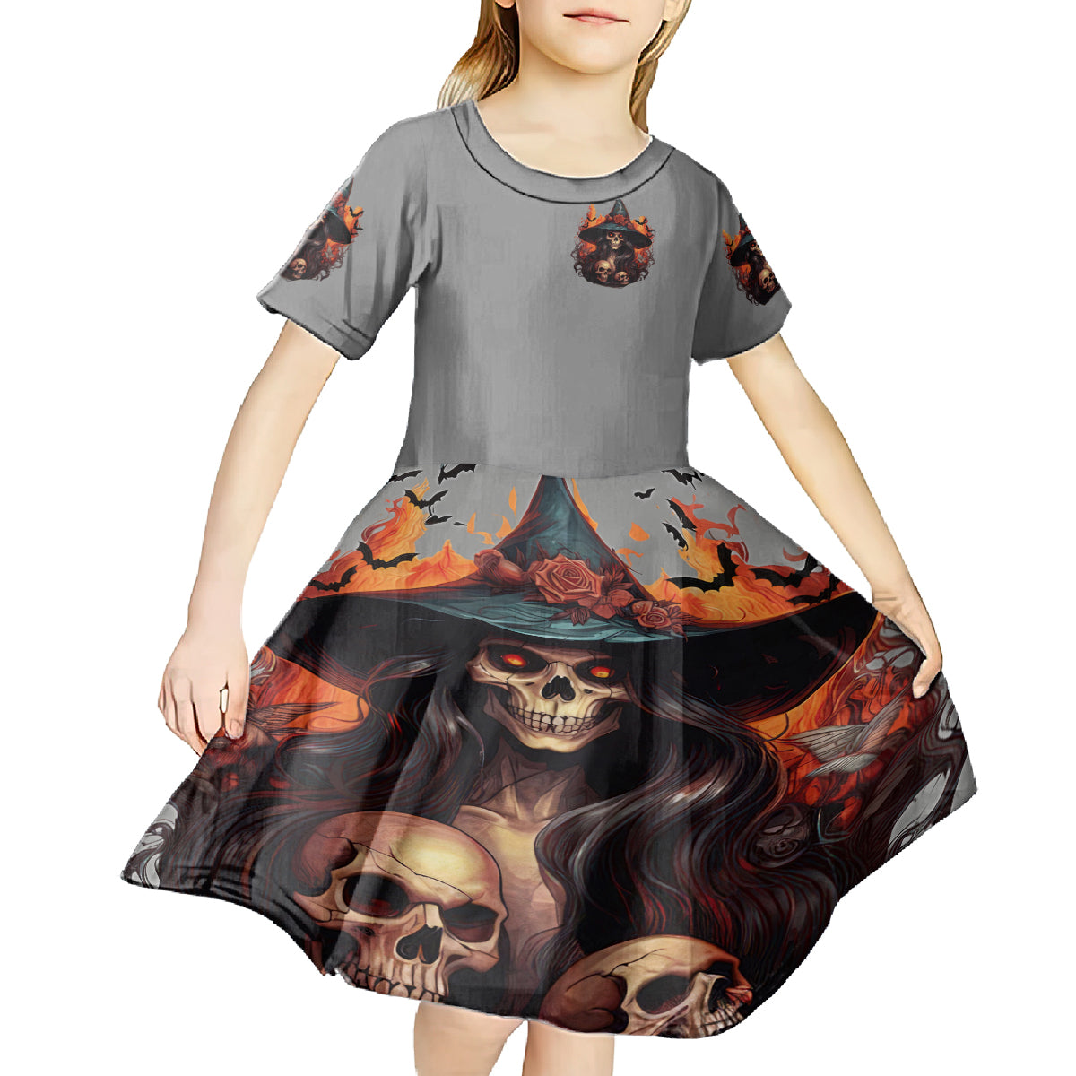 Witch Skull Kid Short Sleeve Dress A Wee Bit Wicked - Wonder Print Shop