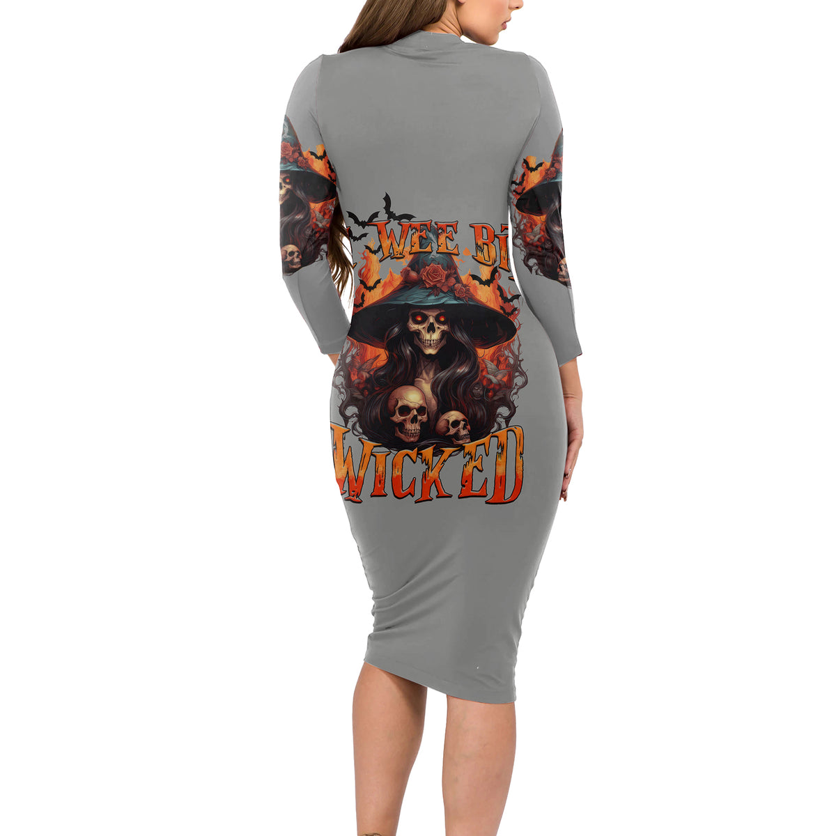 Witch Skull Long Sleeve Bodycon Dress A Wee Bit Wicked - Wonder Print Shop