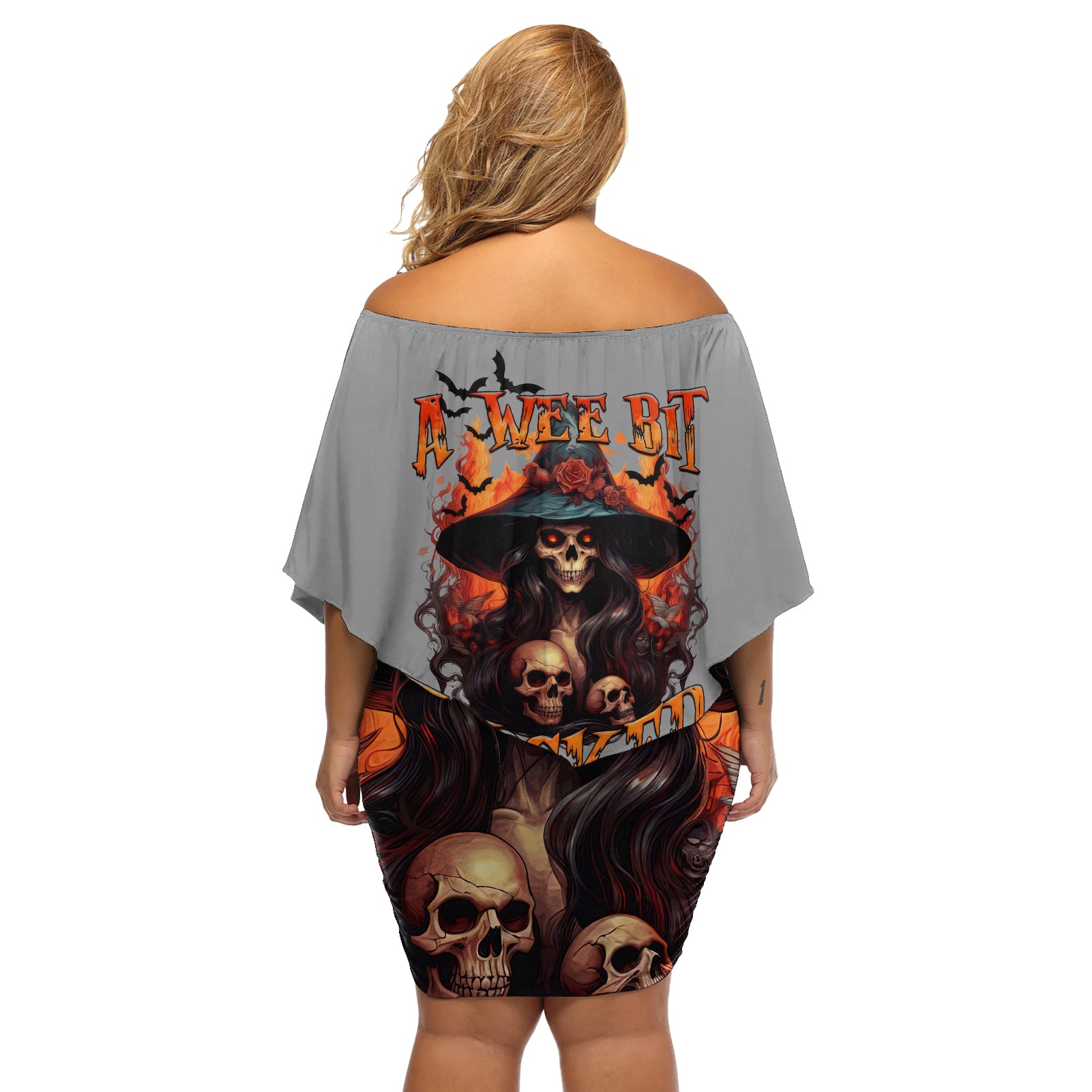 Witch Skull Off Shoulder Short Dress A Wee Bit Wicked - Wonder Print Shop
