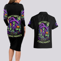 Witch Skull Couples Matching Long Sleeve Bodycon Dress and Hawaiian Shirt Don't Make Me Get The Flying Monkey - Wonder Print Shop