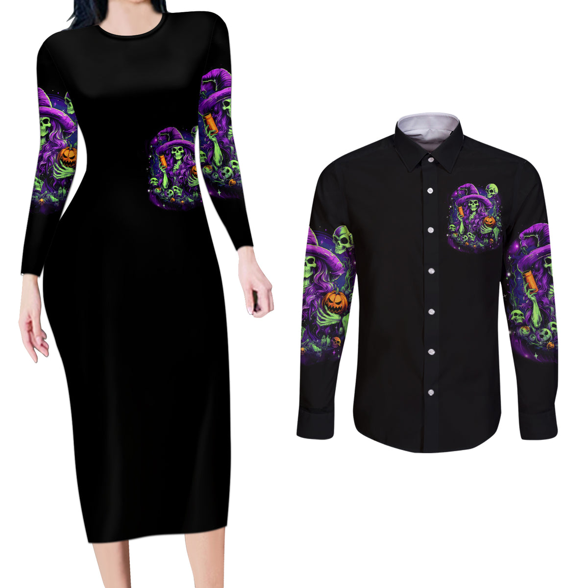 Witch Skull Couples Matching Long Sleeve Bodycon Dress and Long Sleeve Button Shirt Don't Make Me Get The Flying Monkey - Wonder Print Shop