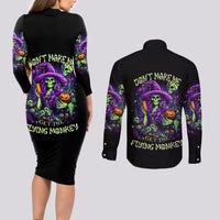 Witch Skull Couples Matching Long Sleeve Bodycon Dress and Long Sleeve Button Shirt Don't Make Me Get The Flying Monkey - Wonder Print Shop
