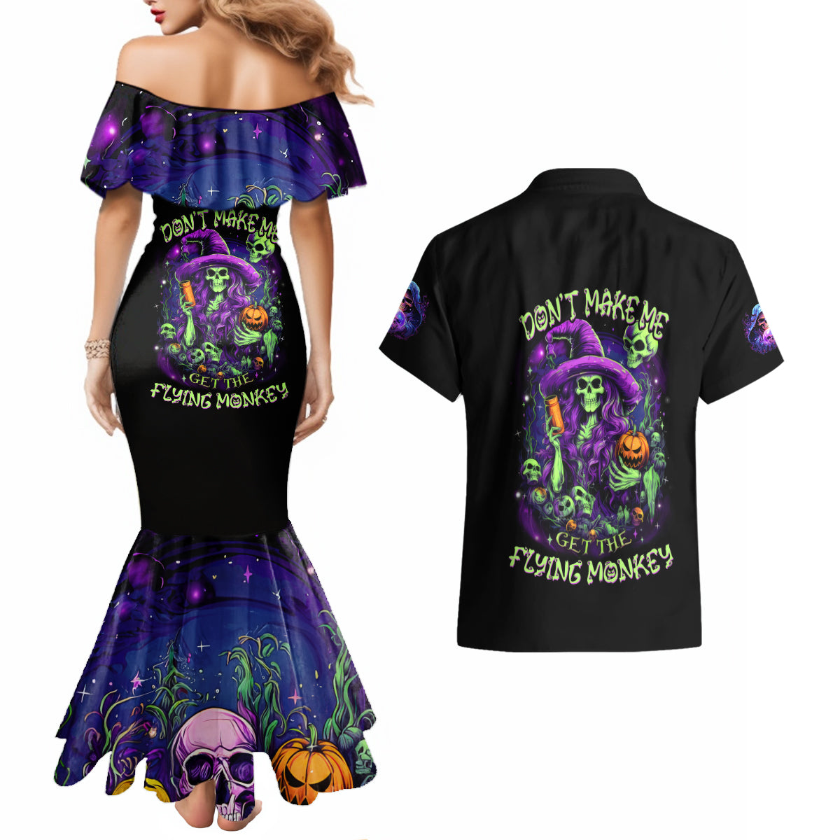 Witch Skull Couples Matching Mermaid Dress and Hawaiian Shirt Don't Make Me Get The Flying Monkey - Wonder Print Shop