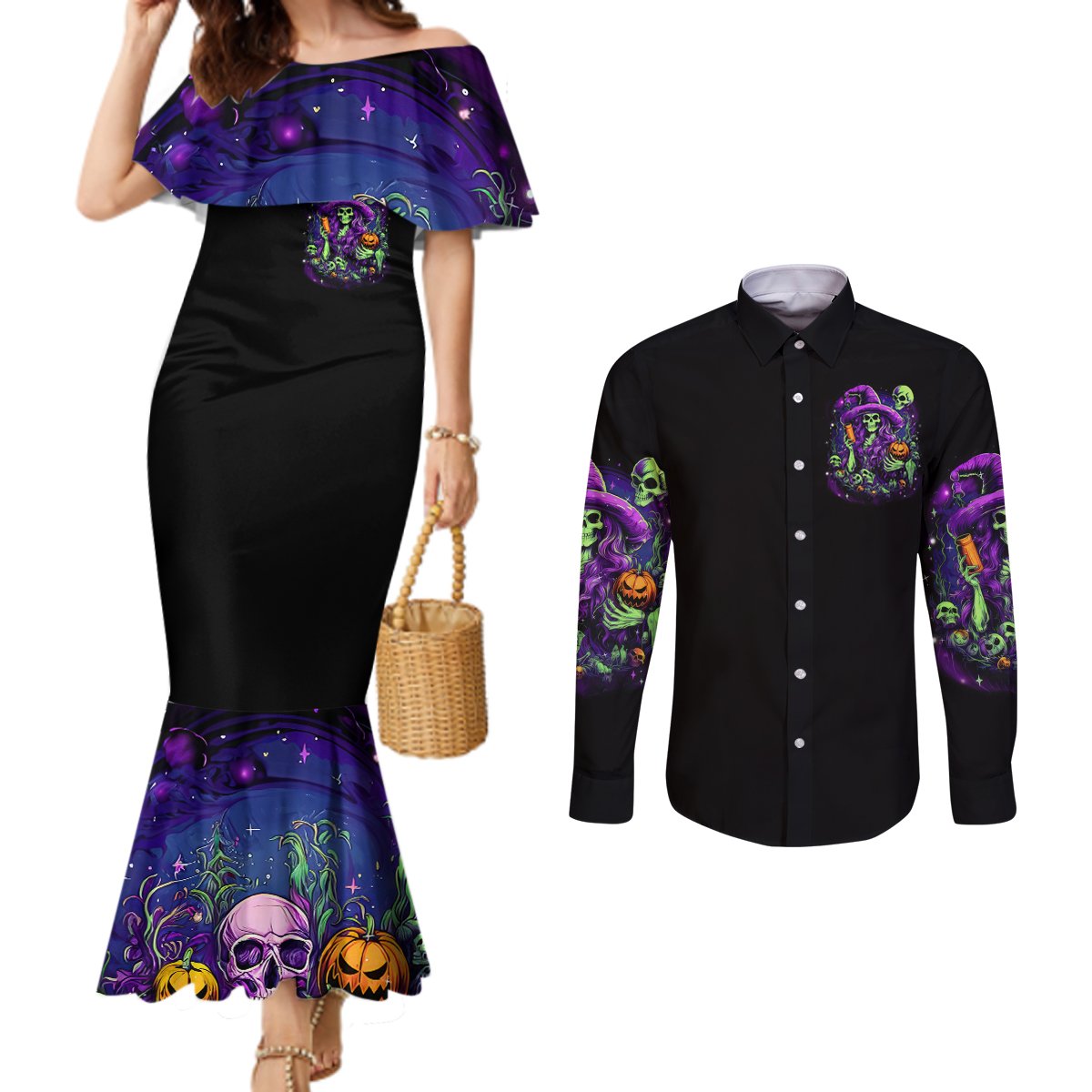 Witch Skull Couples Matching Mermaid Dress and Long Sleeve Button Shirt Don't Make Me Get The Flying Monkey DT01
