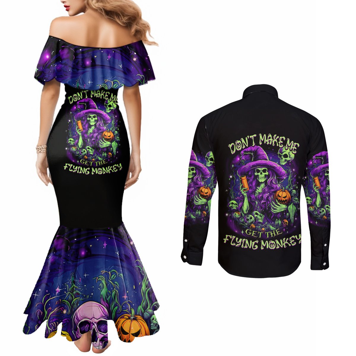 Witch Skull Couples Matching Mermaid Dress and Long Sleeve Button Shirt Don't Make Me Get The Flying Monkey DT01
