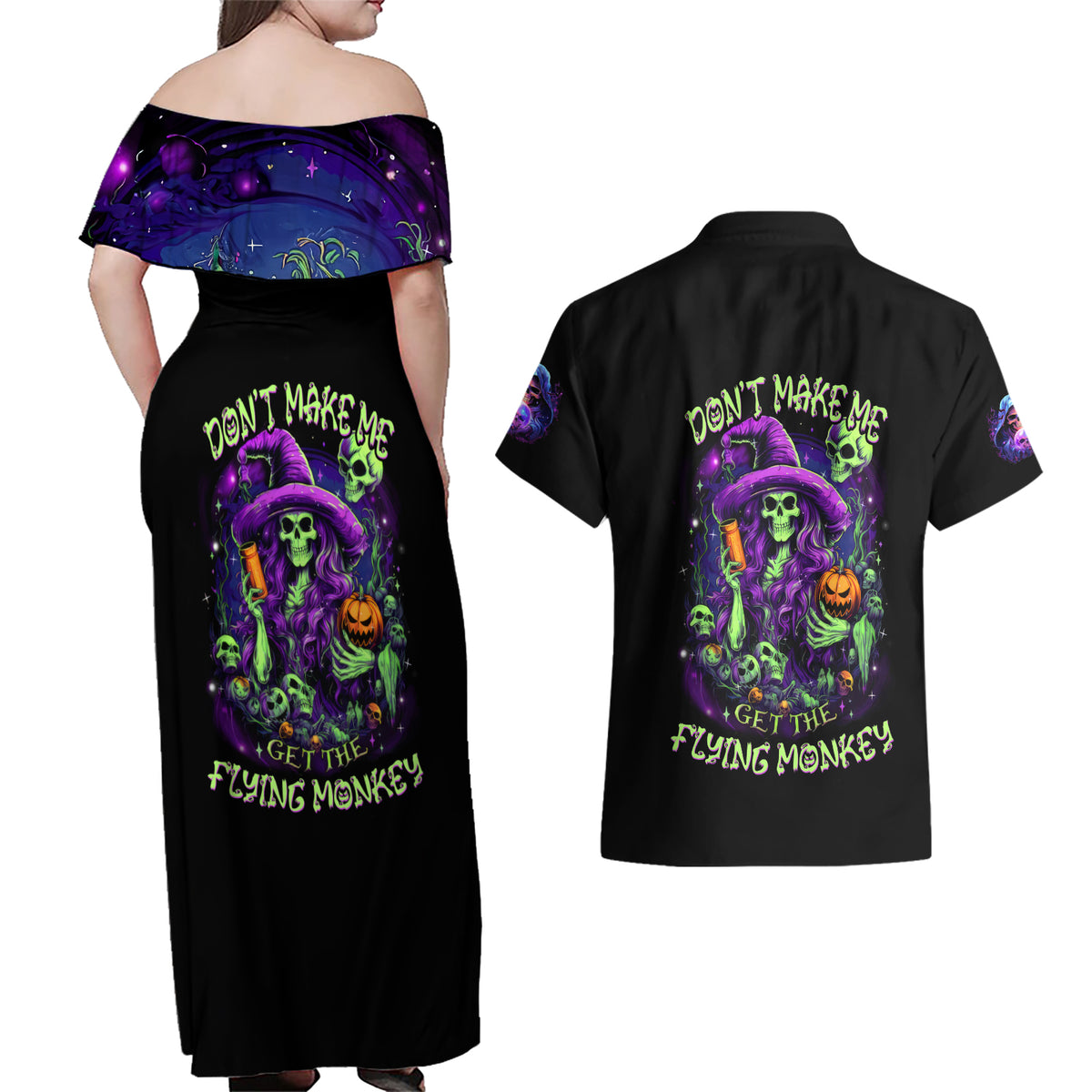 Witch Skull Couples Matching Off Shoulder Maxi Dress and Hawaiian Shirt Don't Make Me Get The Flying Monkey - Wonder Print Shop