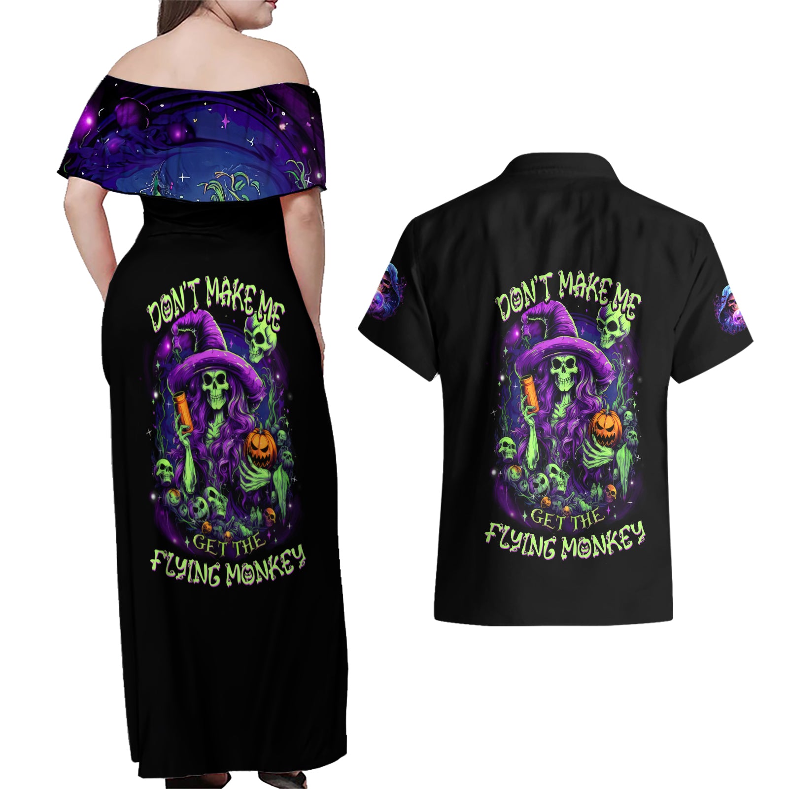 Witch Skull Couples Matching Off Shoulder Maxi Dress and Hawaiian Shirt Don't Make Me Get The Flying Monkey - Wonder Print Shop