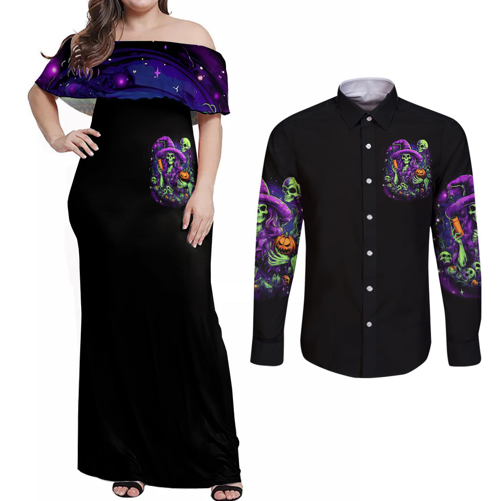 Witch Skull Couples Matching Off Shoulder Maxi Dress and Long Sleeve Button Shirt Don't Make Me Get The Flying Monkey - Wonder Print Shop