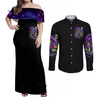 Witch Skull Couples Matching Off Shoulder Maxi Dress and Long Sleeve Button Shirt Don't Make Me Get The Flying Monkey - Wonder Print Shop