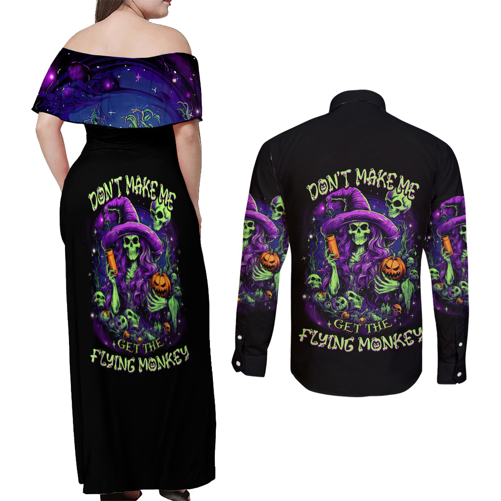Witch Skull Couples Matching Off Shoulder Maxi Dress and Long Sleeve Button Shirt Don't Make Me Get The Flying Monkey - Wonder Print Shop