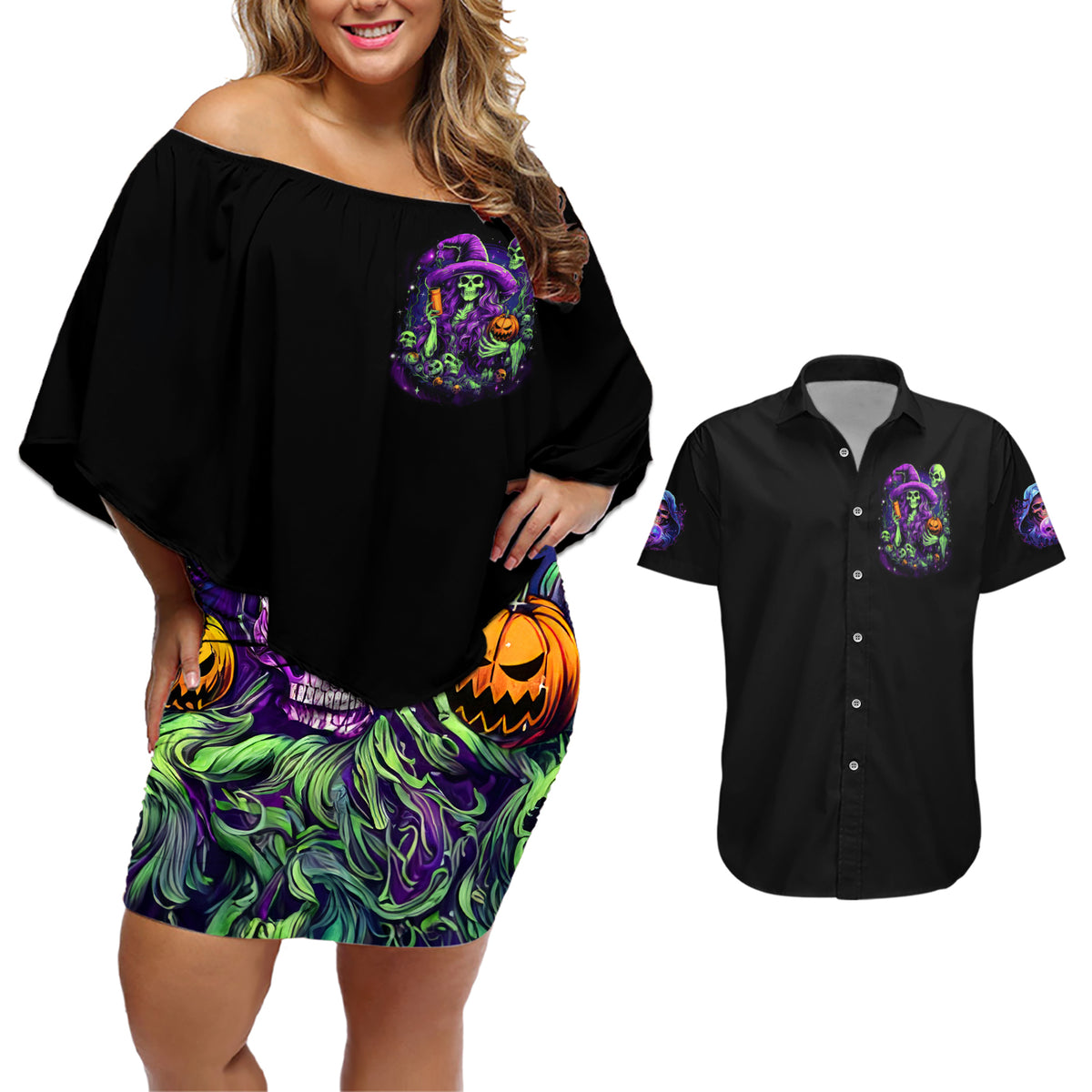 Witch Skull Couples Matching Off Shoulder Short Dress and Hawaiian Shirt Don't Make Me Get The Flying Monkey - Wonder Print Shop