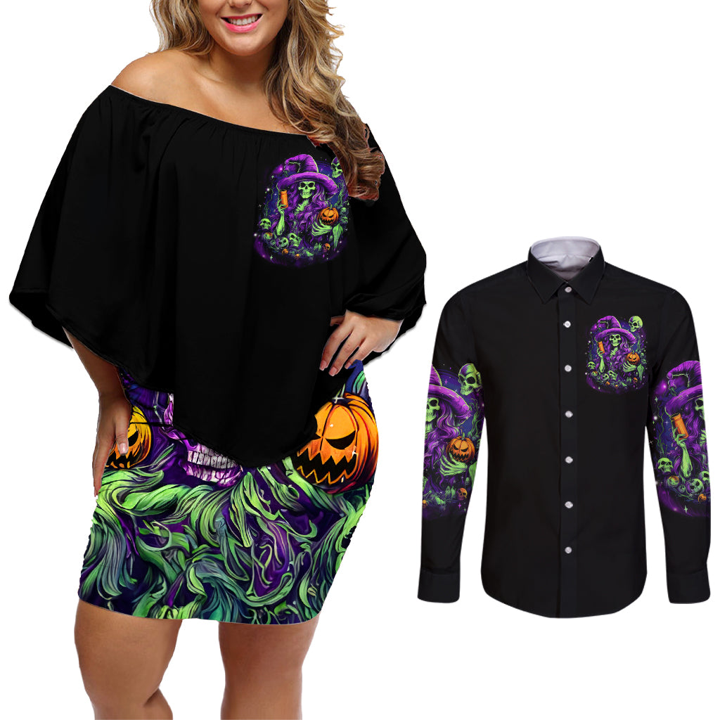 Witch Skull Couples Matching Off Shoulder Short Dress and Long Sleeve Button Shirt Don't Make Me Get The Flying Monkey - Wonder Print Shop