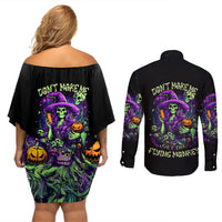 Witch Skull Couples Matching Off Shoulder Short Dress and Long Sleeve Button Shirt Don't Make Me Get The Flying Monkey - Wonder Print Shop