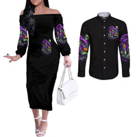Witch Skull Couples Matching Off The Shoulder Long Sleeve Dress and Long Sleeve Button Shirt Don't Make Me Get The Flying Monkey DT01