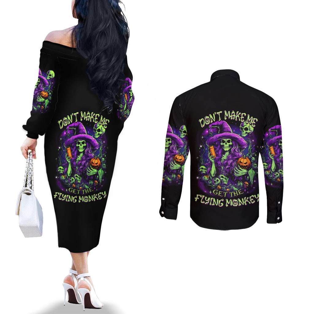 Witch Skull Couples Matching Off The Shoulder Long Sleeve Dress and Long Sleeve Button Shirt Don't Make Me Get The Flying Monkey DT01