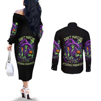 Witch Skull Couples Matching Off The Shoulder Long Sleeve Dress and Long Sleeve Button Shirt Don't Make Me Get The Flying Monkey DT01