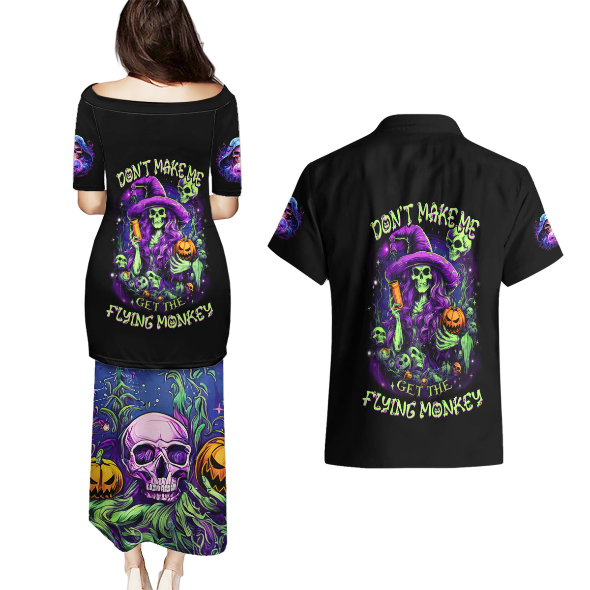 Witch Skull Couples Matching Puletasi Dress and Hawaiian Shirt Don't Make Me Get The Flying Monkey - Wonder Print Shop