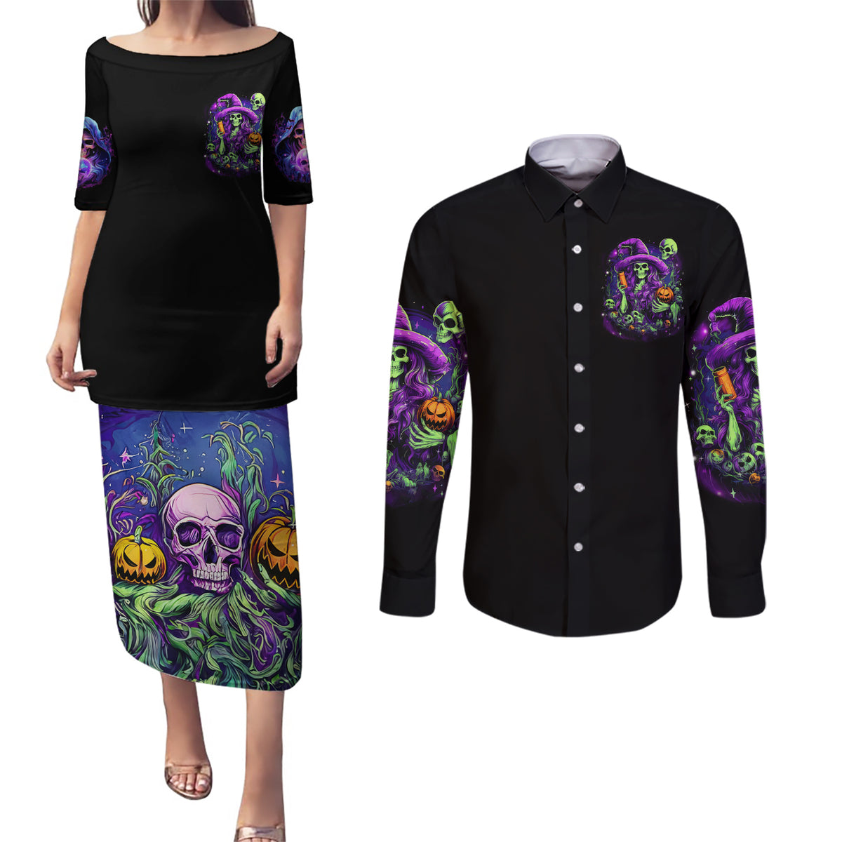 Witch Skull Couples Matching Puletasi Dress and Long Sleeve Button Shirt Don't Make Me Get The Flying Monkey - Wonder Print Shop