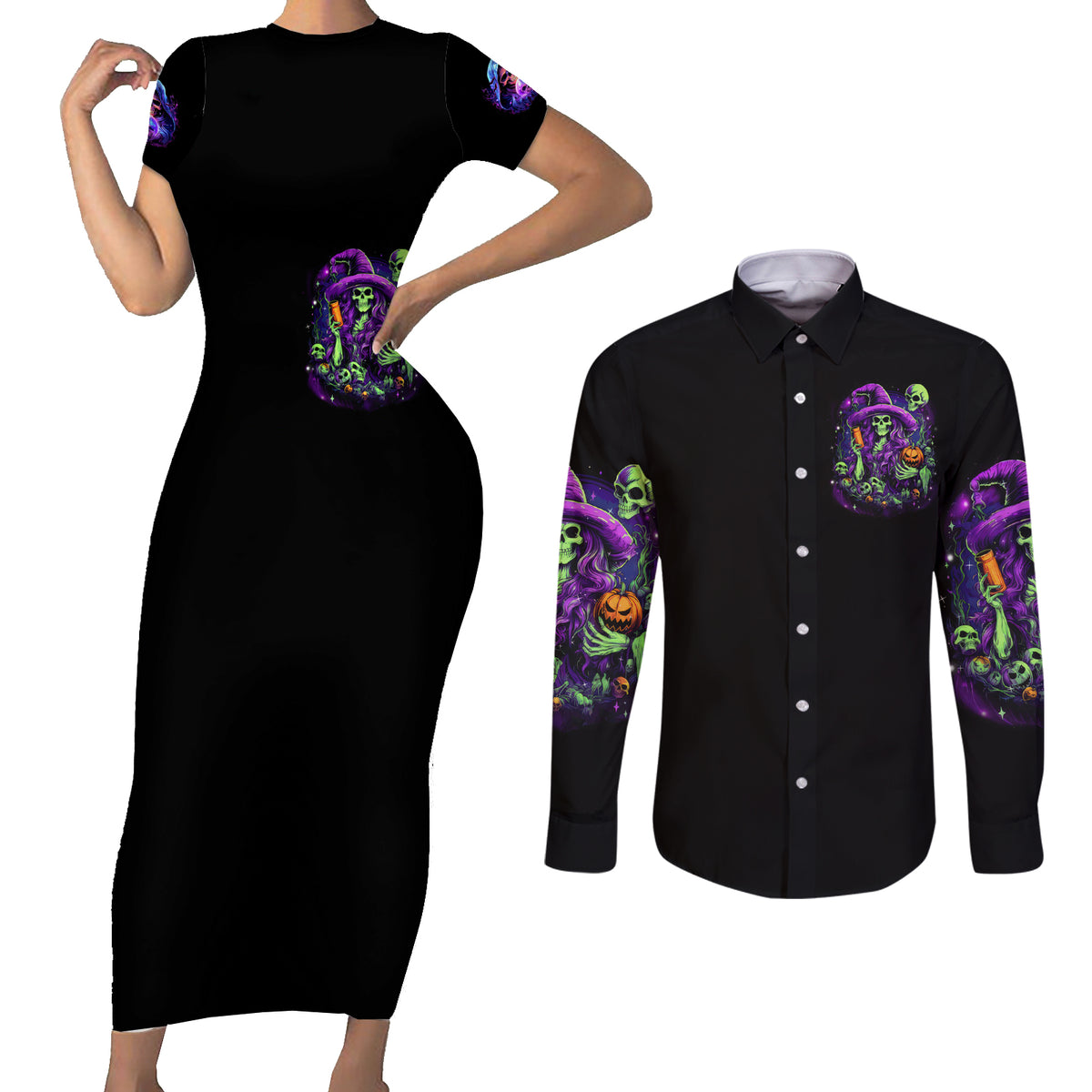 Witch Skull Couples Matching Short Sleeve Bodycon Dress and Long Sleeve Button Shirt Don't Make Me Get The Flying Monkey - Wonder Print Shop