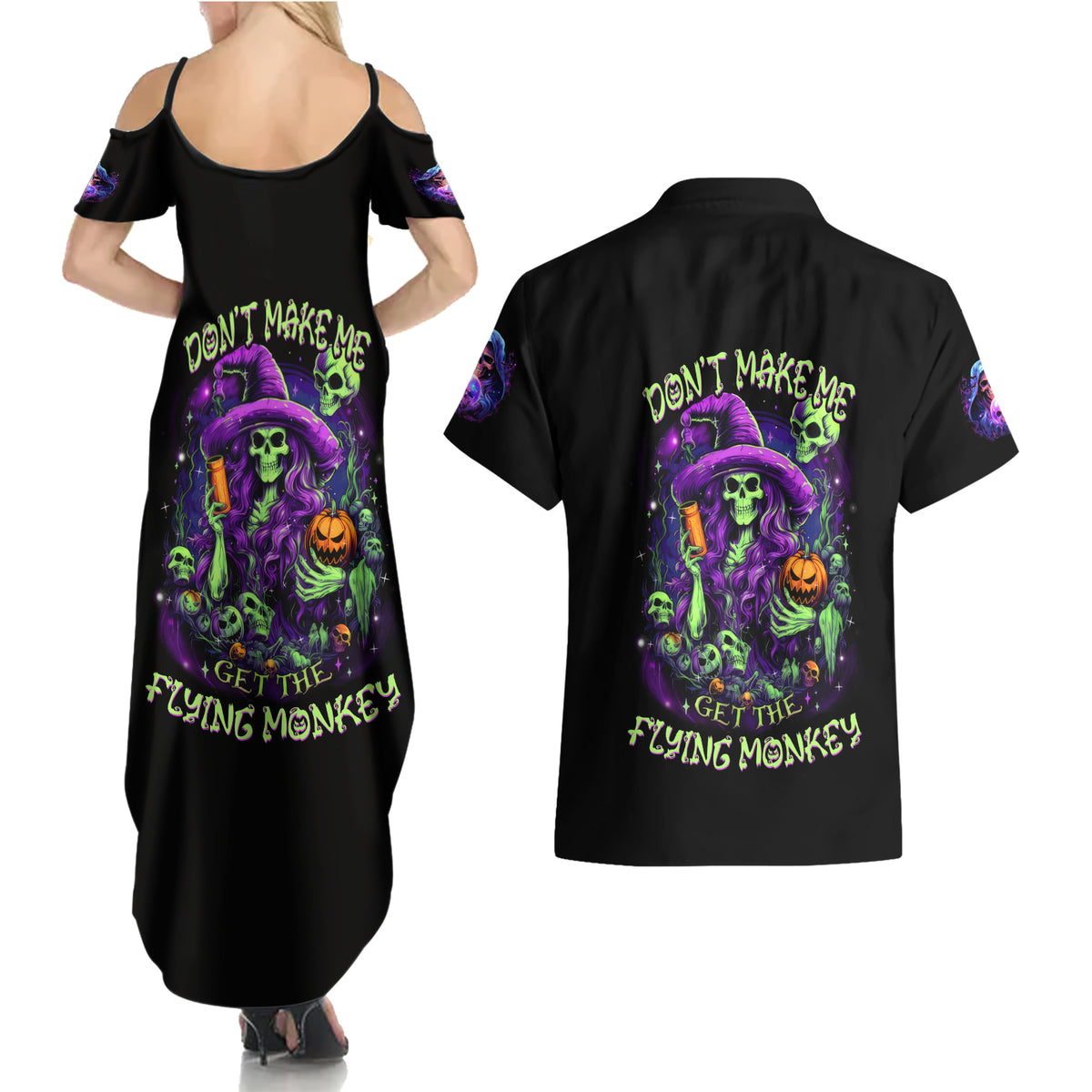 Witch Skull Couples Matching Summer Maxi Dress and Hawaiian Shirt Don't Make Me Get The Flying Monkey - Wonder Print Shop