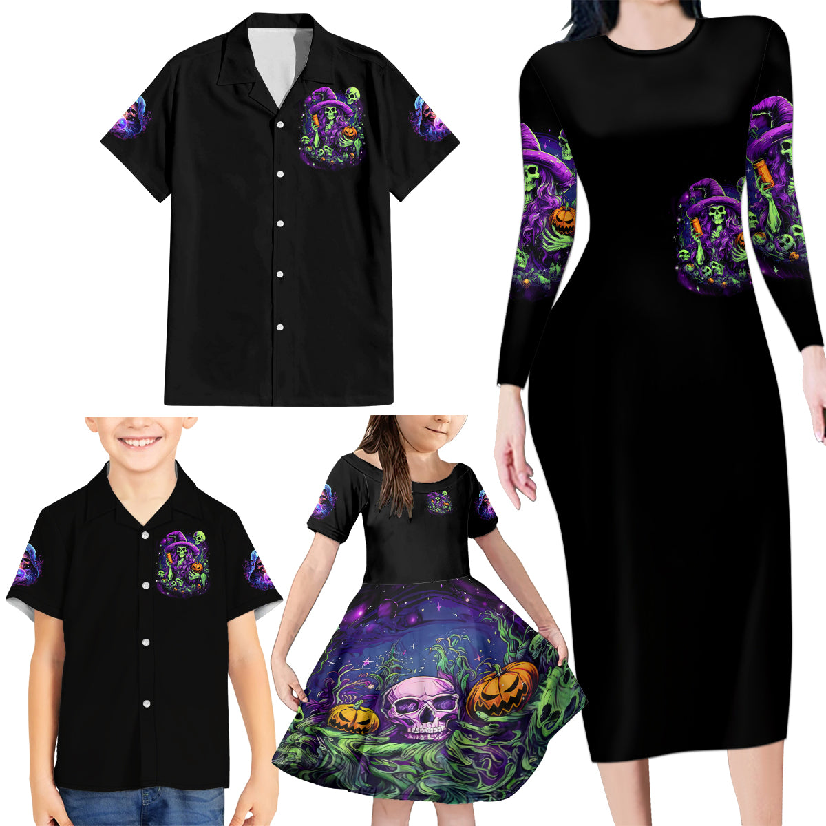 Witch Skull Family Matching Long Sleeve Bodycon Dress and Hawaiian Shirt Don't Make Me Get The Flying Monkey - Wonder Print Shop