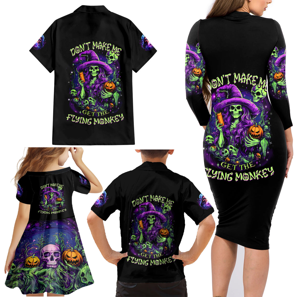 Witch Skull Family Matching Long Sleeve Bodycon Dress and Hawaiian Shirt Don't Make Me Get The Flying Monkey - Wonder Print Shop