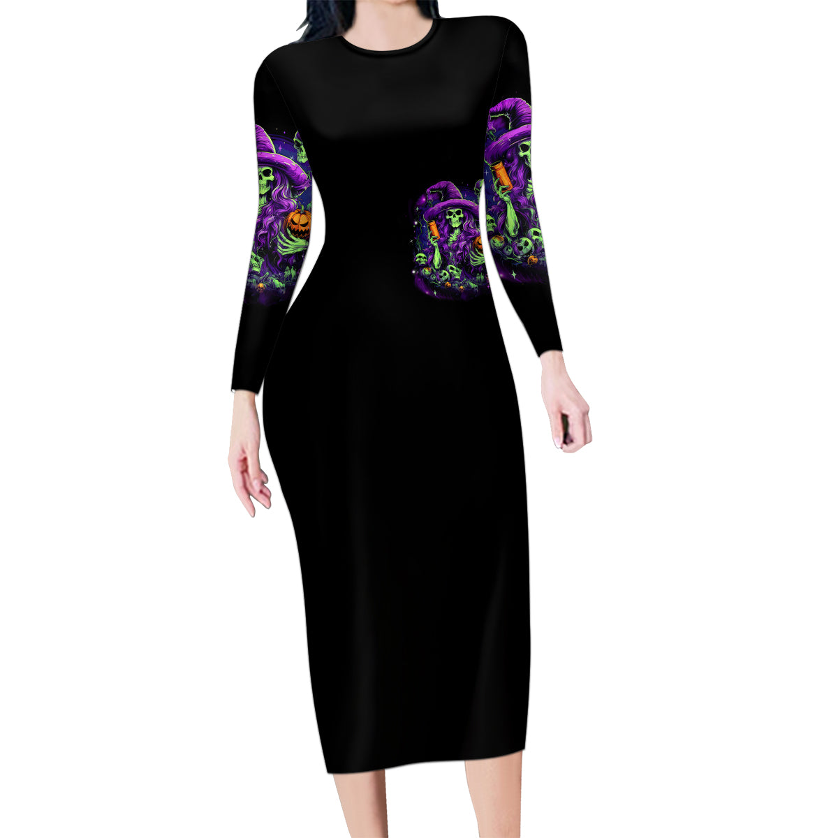 Witch Skull Family Matching Long Sleeve Bodycon Dress and Hawaiian Shirt Don't Make Me Get The Flying Monkey - Wonder Print Shop