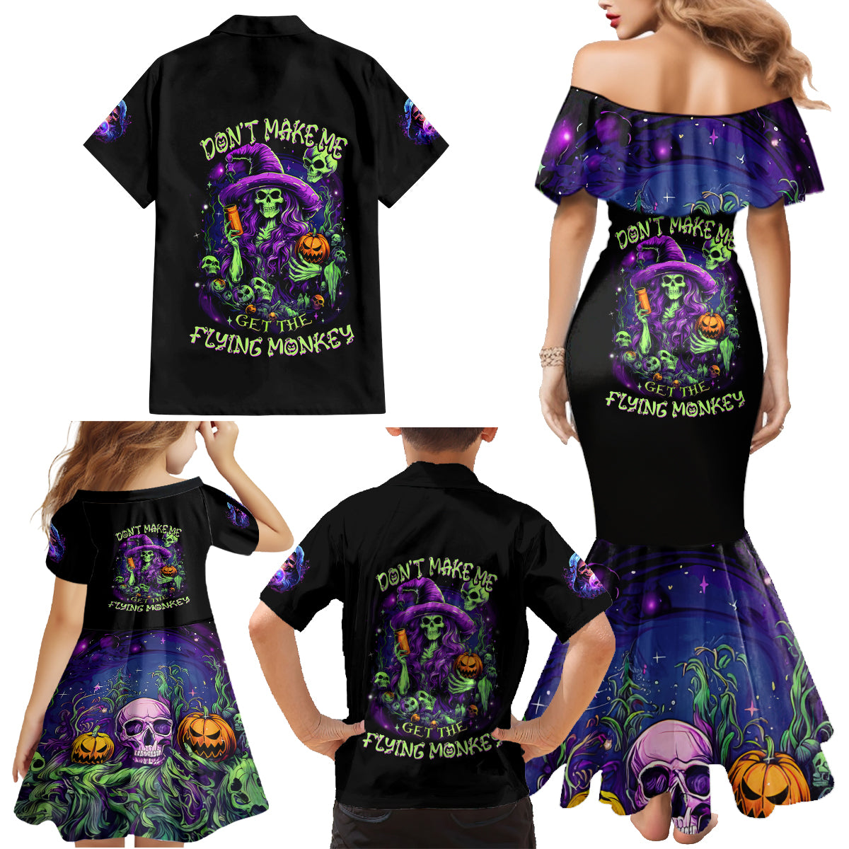 Witch Skull Family Matching Mermaid Dress and Hawaiian Shirt Don't Make Me Get The Flying Monkey - Wonder Print Shop