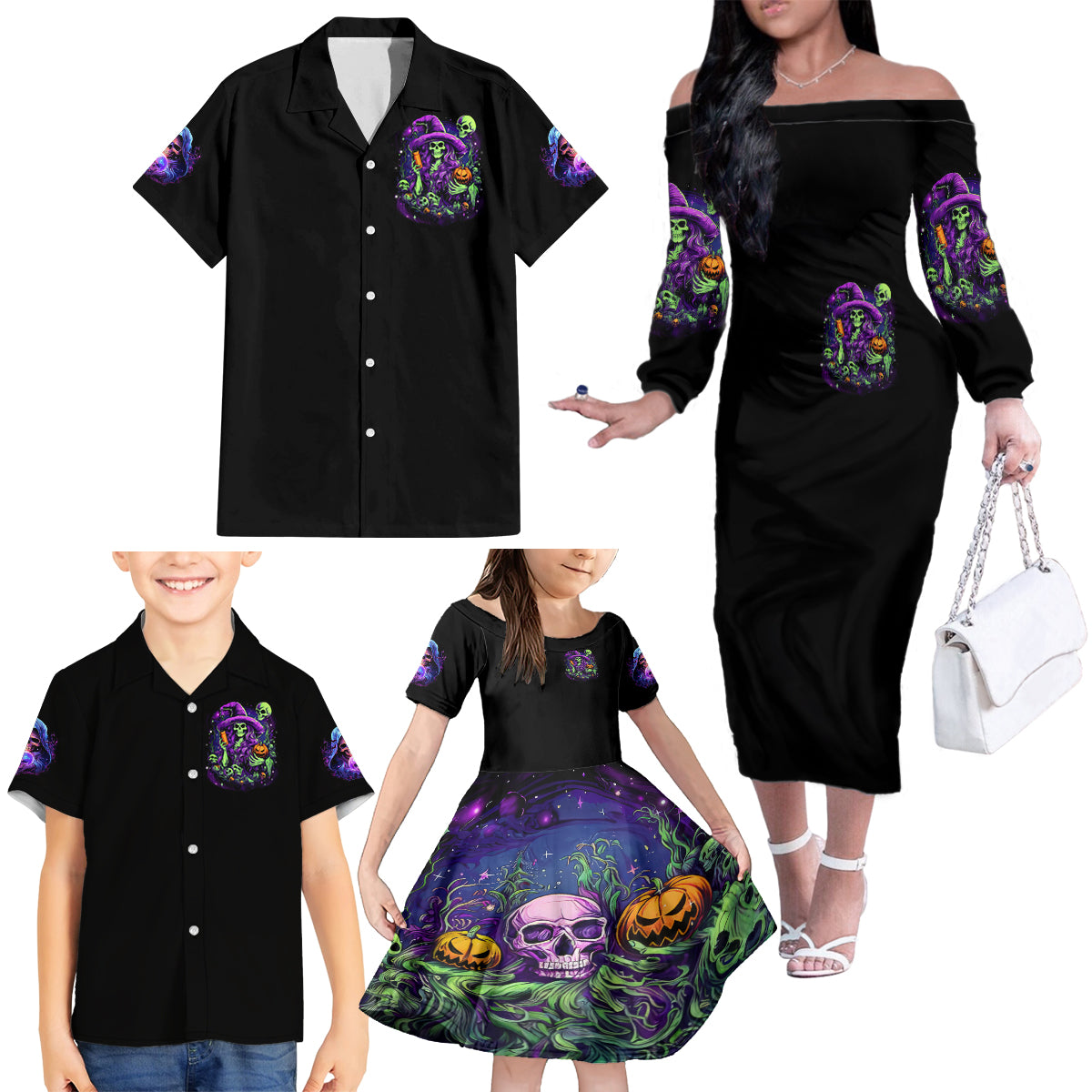 Witch Skull Family Matching Off Shoulder Long Sleeve Dress and Hawaiian Shirt Don't Make Me Get The Flying Monkey - Wonder Print Shop
