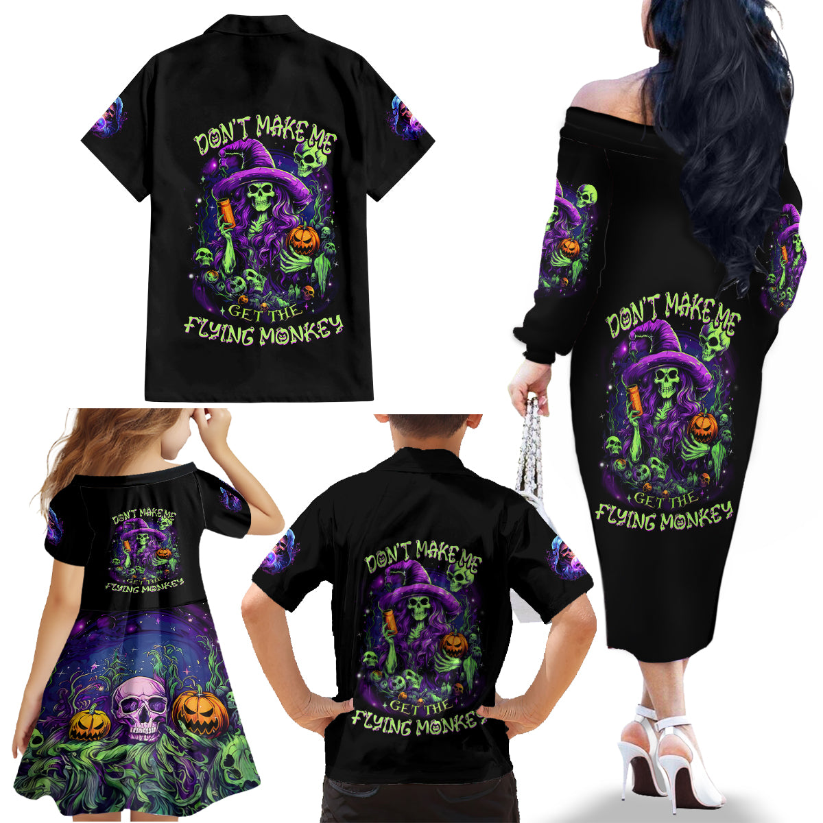Witch Skull Family Matching Off Shoulder Long Sleeve Dress and Hawaiian Shirt Don't Make Me Get The Flying Monkey - Wonder Print Shop