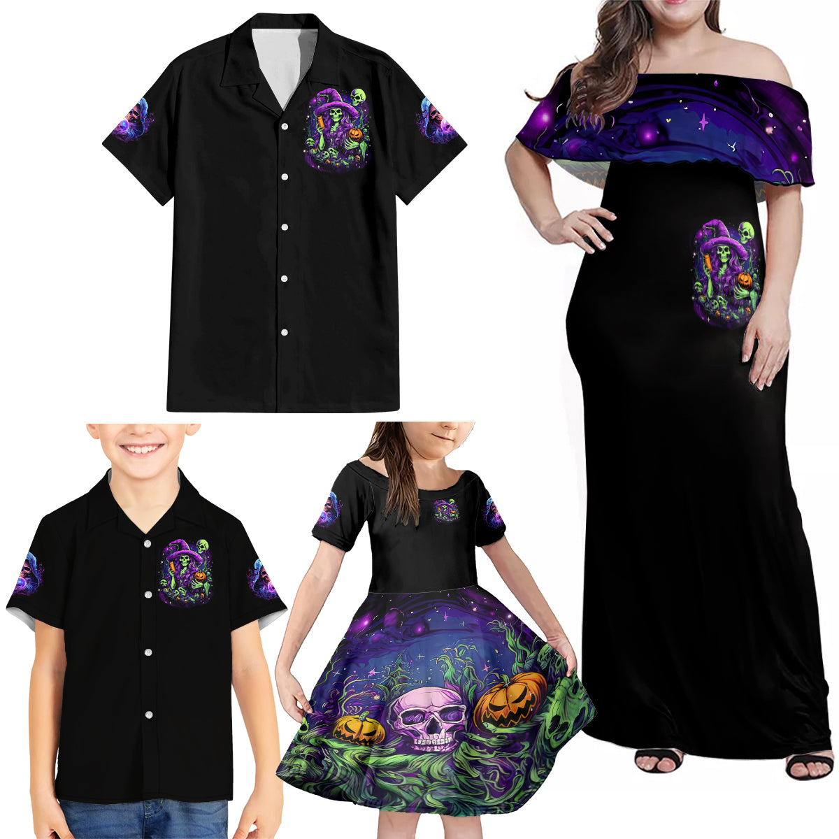 Witch Skull Family Matching Off Shoulder Maxi Dress and Hawaiian Shirt Don't Make Me Get The Flying Monkey - Wonder Print Shop