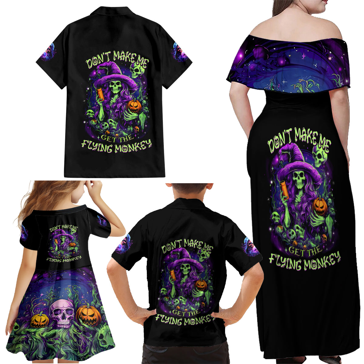 Witch Skull Family Matching Off Shoulder Maxi Dress and Hawaiian Shirt Don't Make Me Get The Flying Monkey - Wonder Print Shop
