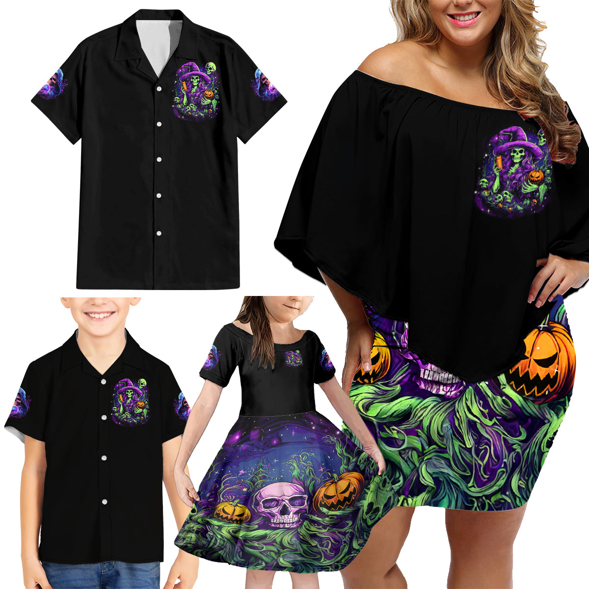 Witch Skull Family Matching Off Shoulder Short Dress and Hawaiian Shirt Don't Make Me Get The Flying Monkey - Wonder Print Shop