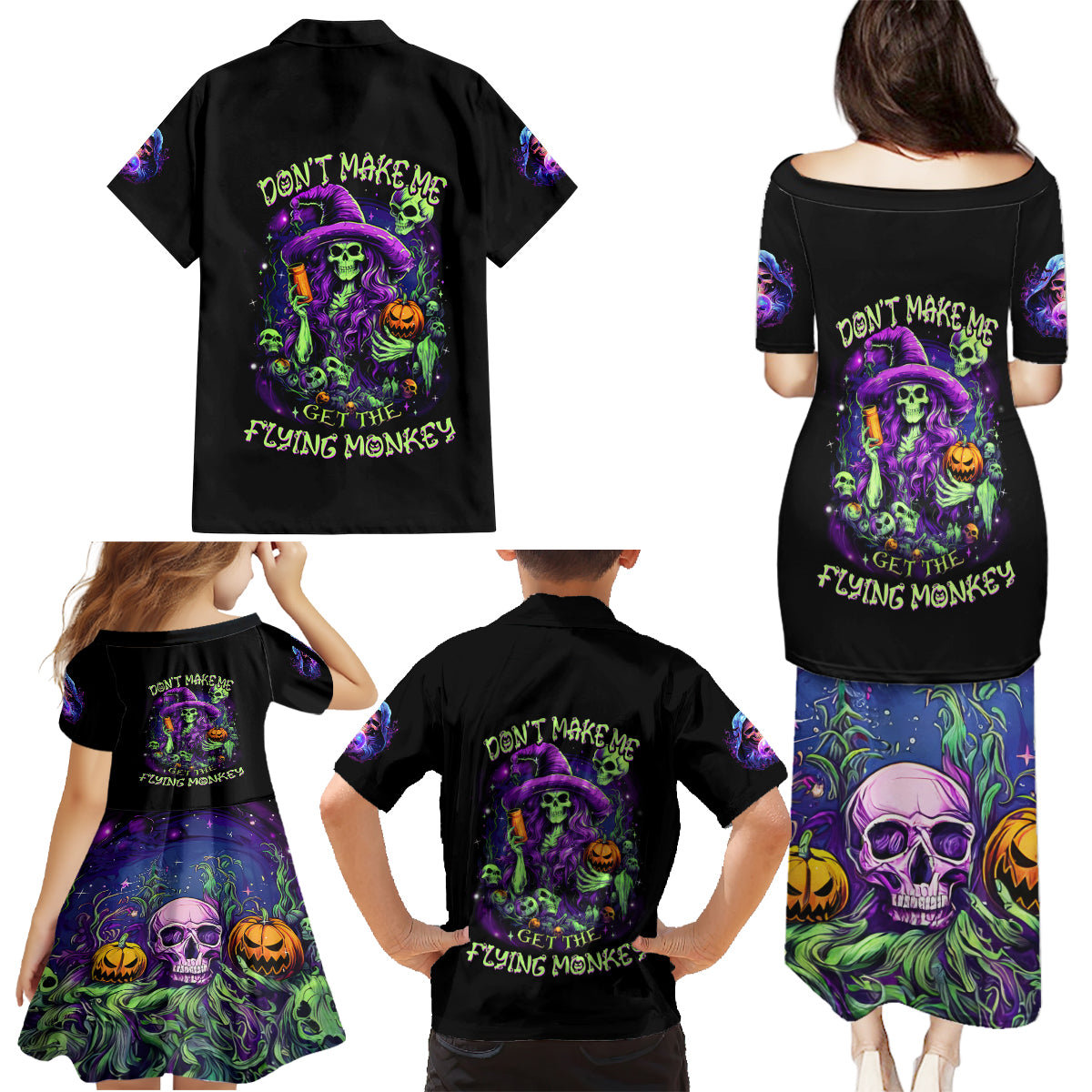 Witch Skull Family Matching Puletasi Dress and Hawaiian Shirt Don't Make Me Get The Flying Monkey - Wonder Print Shop