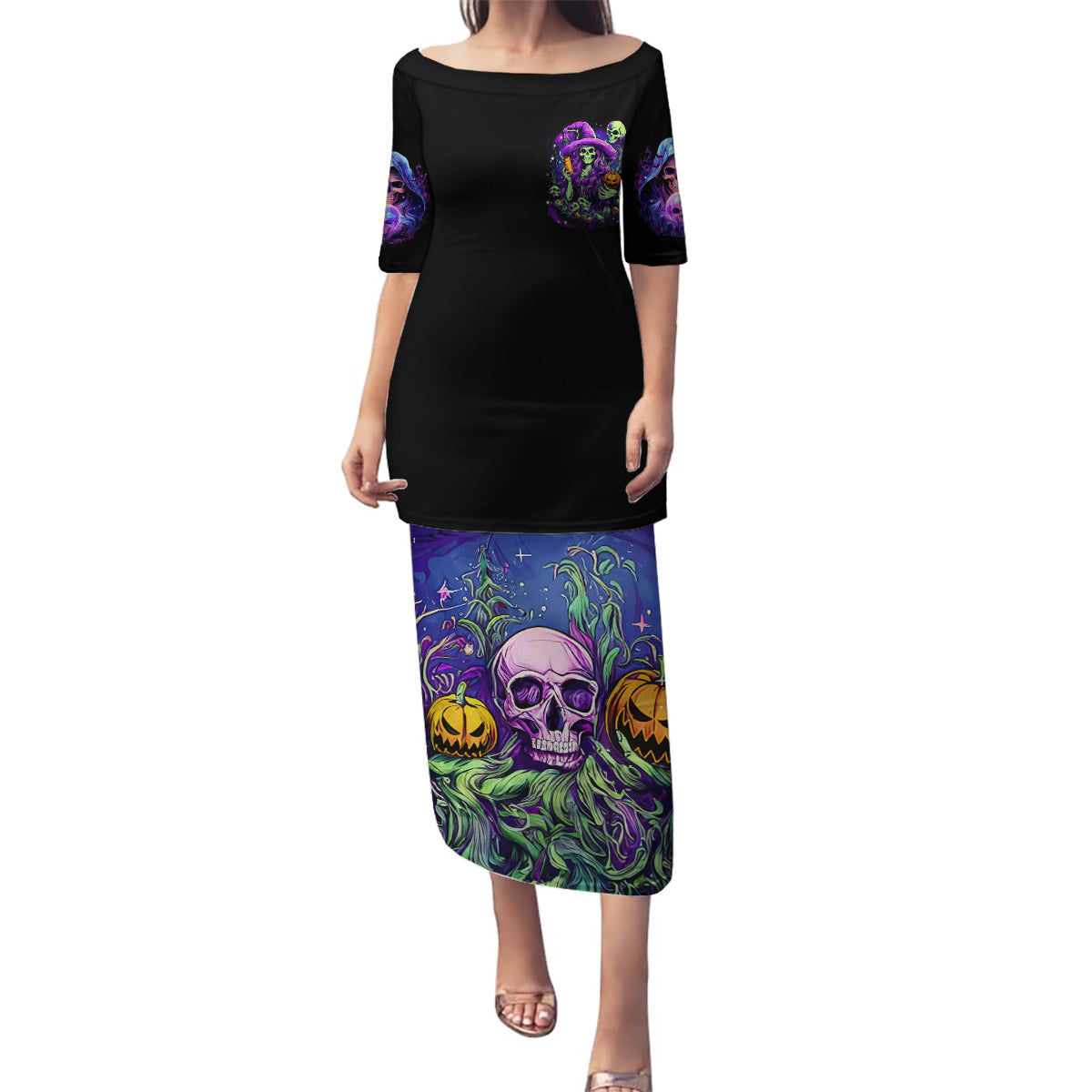 Witch Skull Family Matching Puletasi Dress and Hawaiian Shirt Don't Make Me Get The Flying Monkey - Wonder Print Shop
