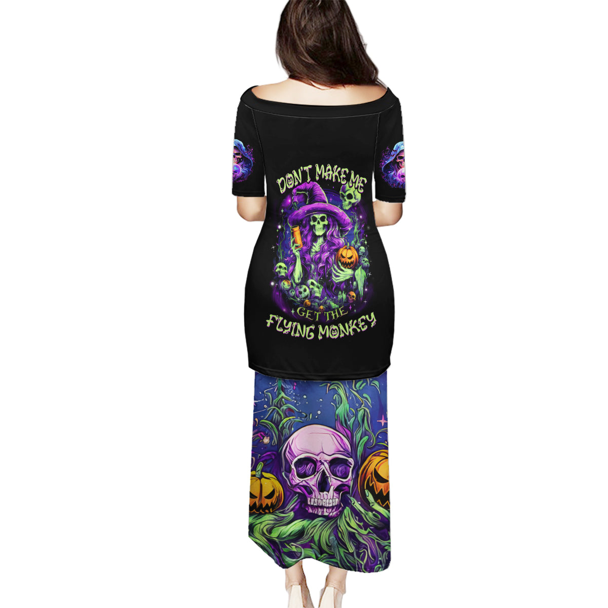 Witch Skull Family Matching Puletasi Dress and Hawaiian Shirt Don't Make Me Get The Flying Monkey - Wonder Print Shop