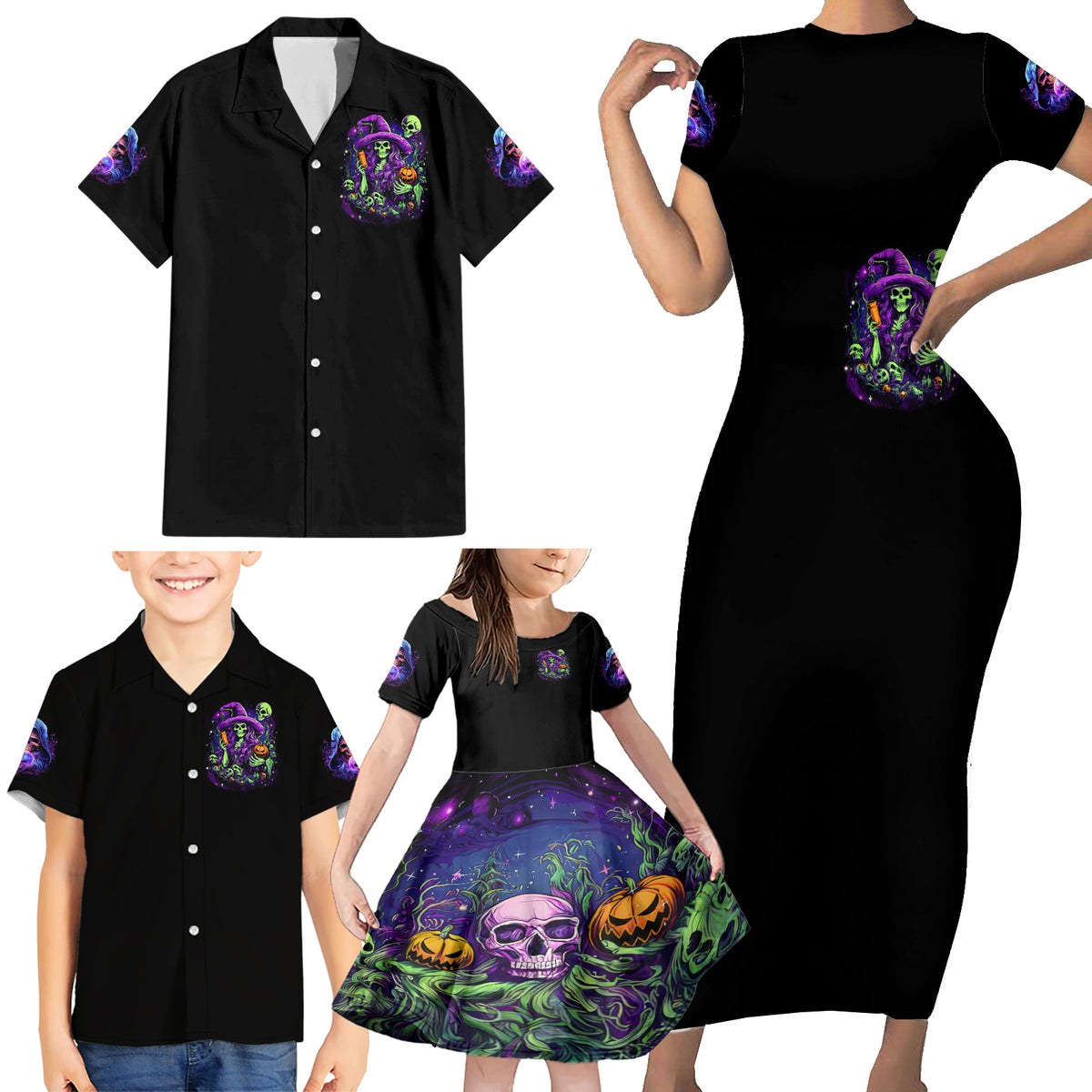 Witch Skull Family Matching Short Sleeve Bodycon Dress and Hawaiian Shirt Don't Make Me Get The Flying Monkey - Wonder Print Shop