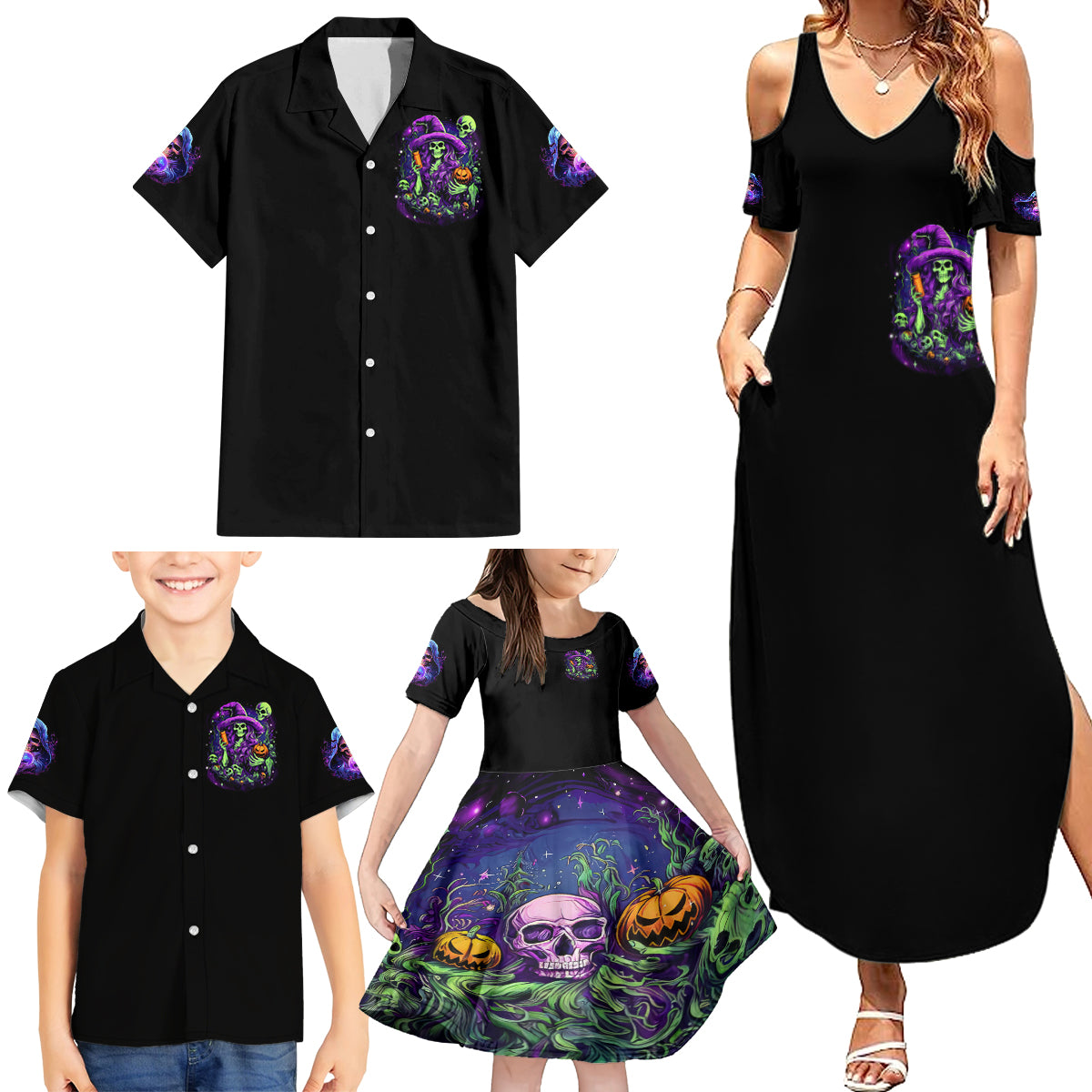 Witch Skull Family Matching Summer Maxi Dress and Hawaiian Shirt Don't Make Me Get The Flying Monkey - Wonder Print Shop