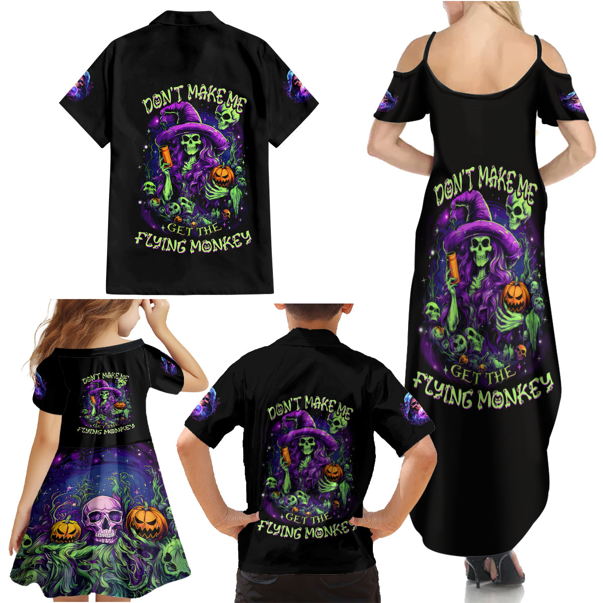 Witch Skull Family Matching Summer Maxi Dress and Hawaiian Shirt Don't Make Me Get The Flying Monkey - Wonder Print Shop